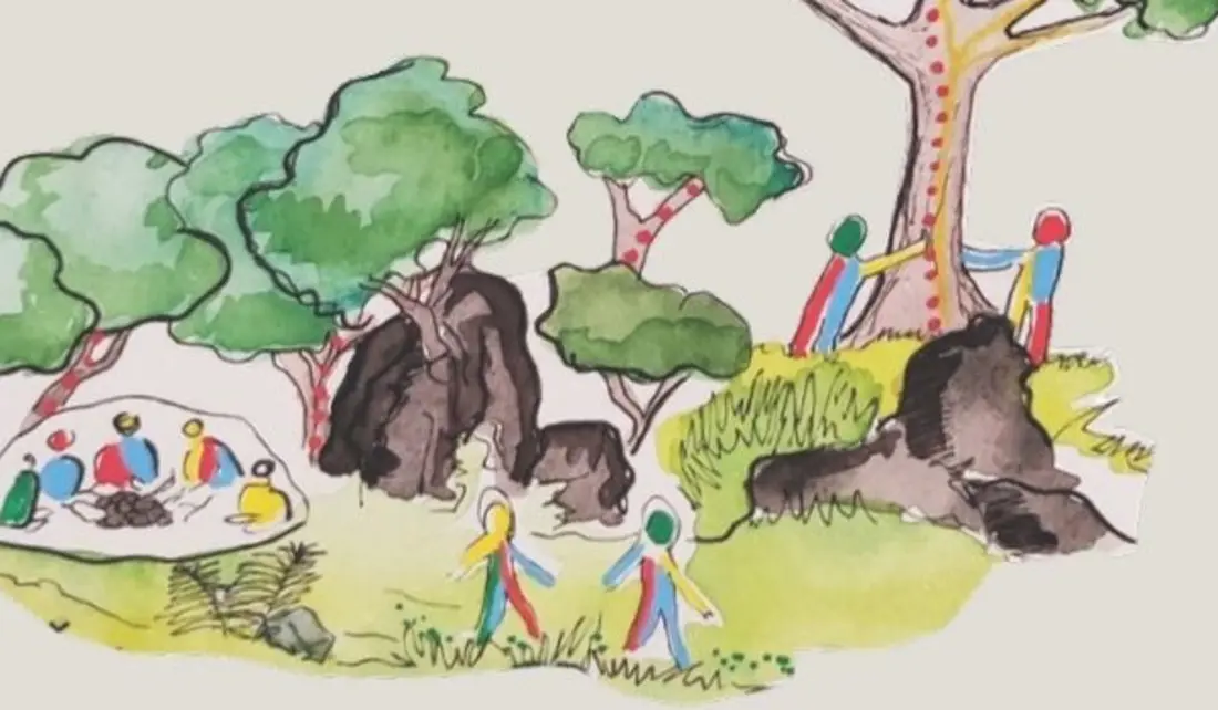 Aquarelle du lieu rêvé : arbres, rivière, habitats légers et personnages colorés